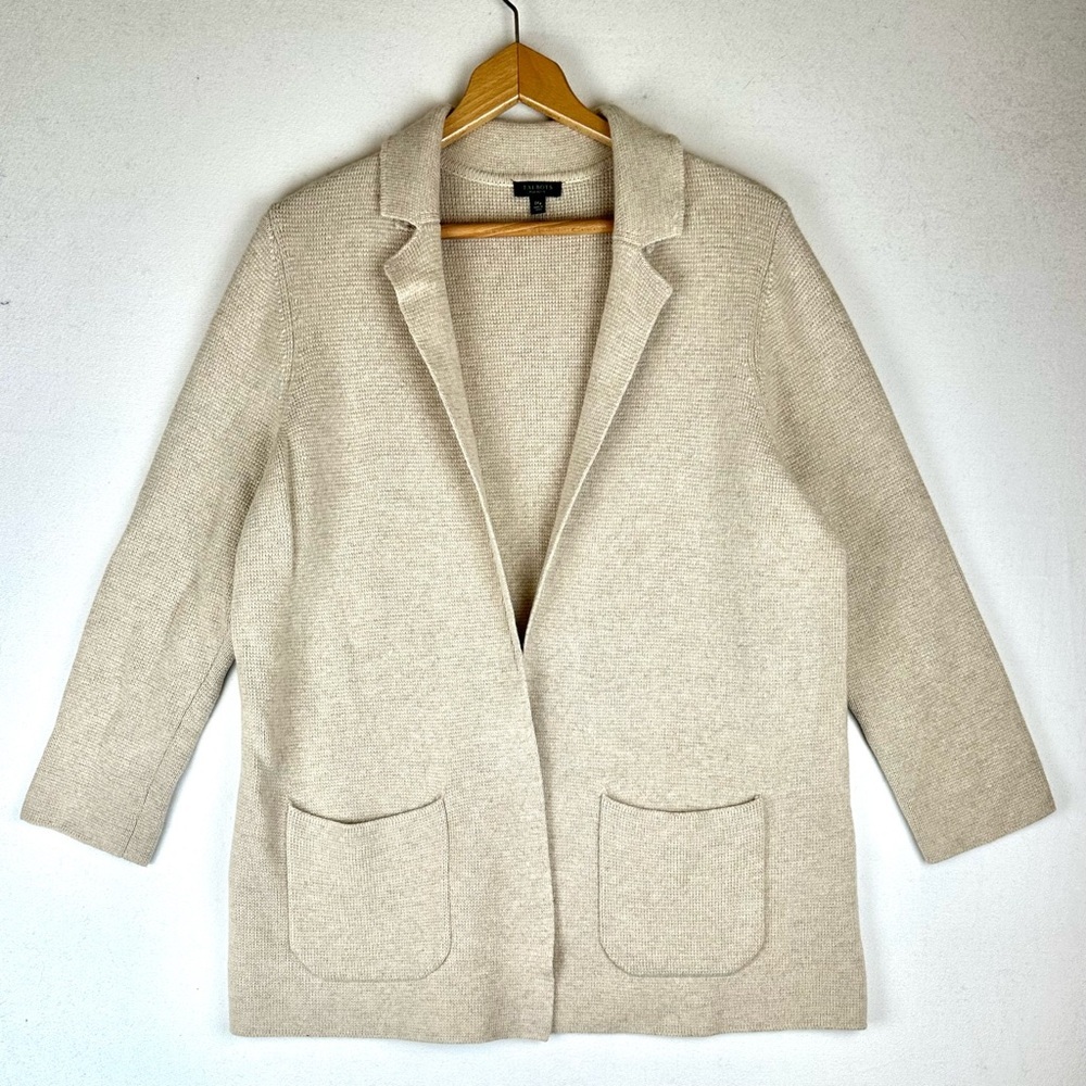 Talbots Open Front Collared Waffle Cardigan Sweater Wool Blend Office Neutral